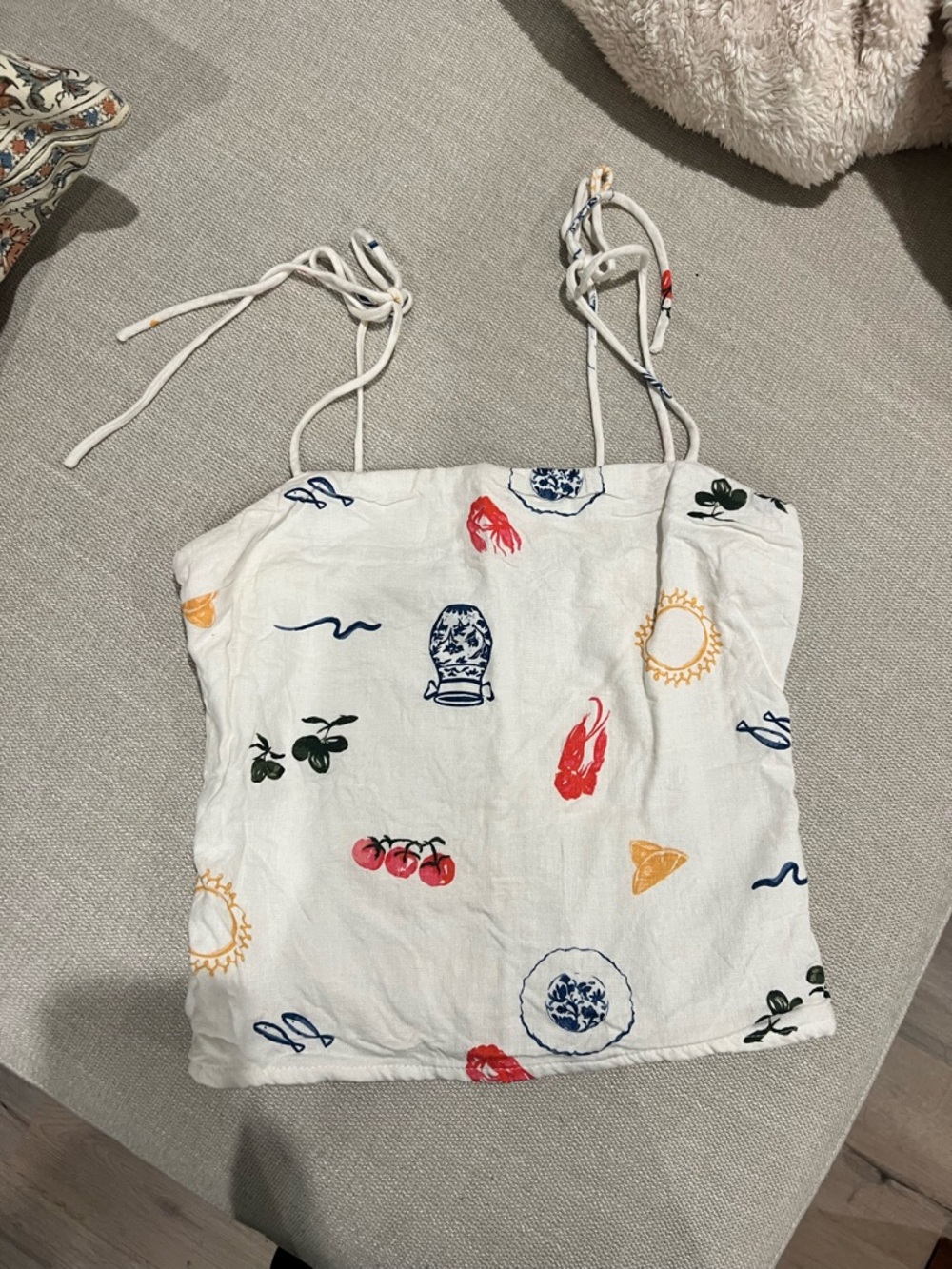 Abercrombie & Fitch White Printed Tie-Strap Cami with Multicolor Motifs
